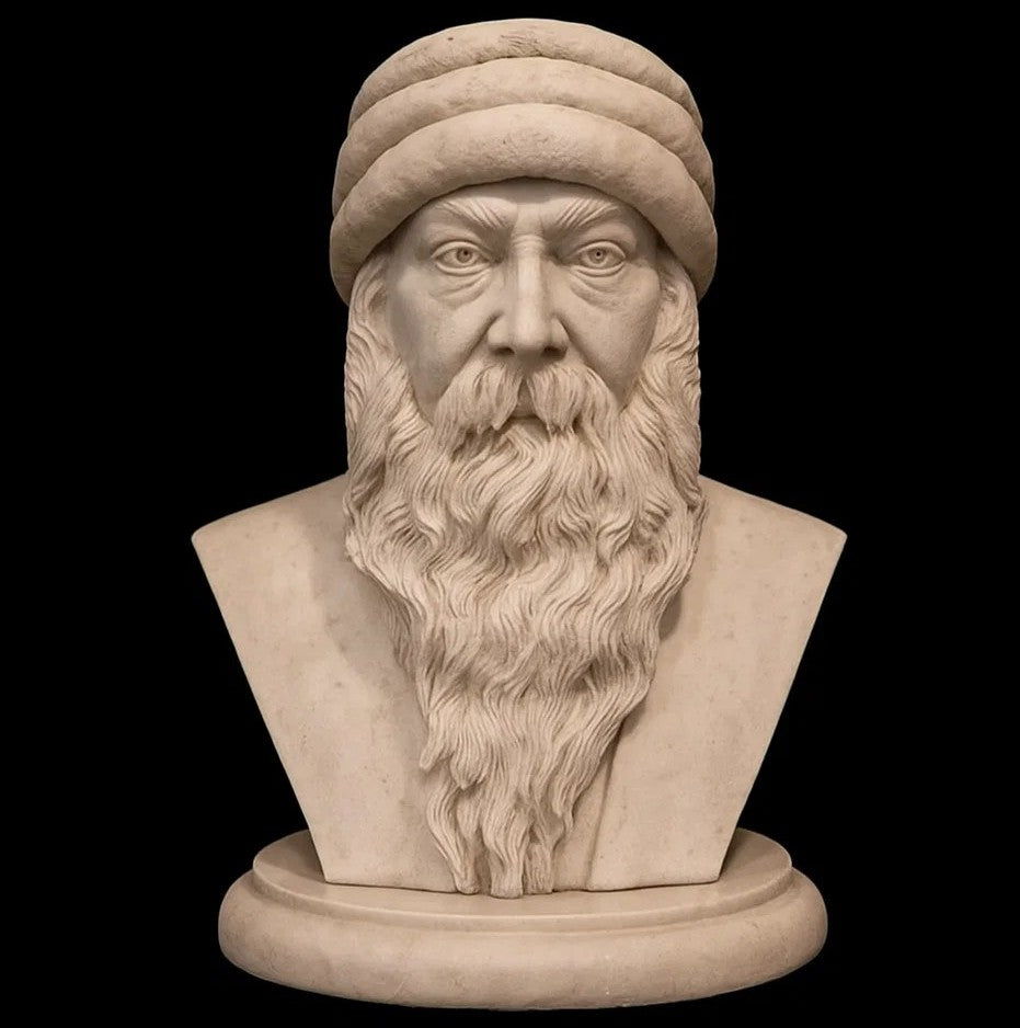Timeless marble finish saint bust sculpture with detailed beard and traditional headwear by Aura Works spiritual decor collection