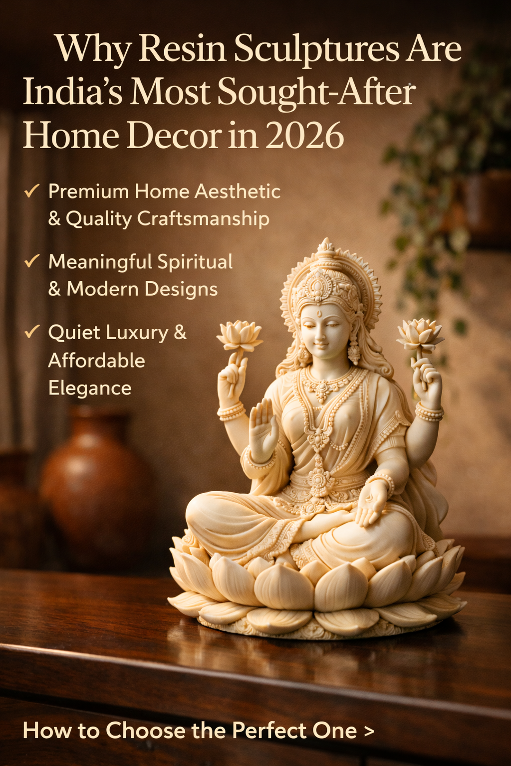 Premium ivory resin goddess sculpture on a wooden console table with warm lighting in a modern Indian home decor setting
