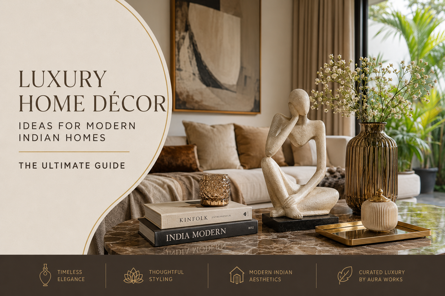 A modern luxury Indian living room featuring a decorative resin sculpture, designer vase with flowers, marble coffee table, coffee table books, and neutral contemporary interior styling.