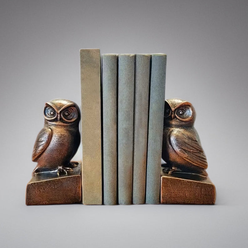 Wise Owl Bookend Sculpture in vintage resin finish