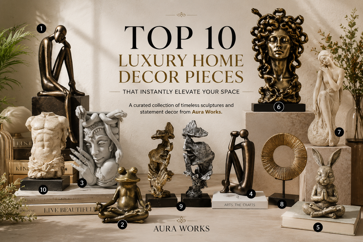 Top 10 luxury home decor pieces from Aura Works featuring handcrafted sculptures, artistic showpieces, modern resin decor, and premium decorative accents for elegant interiors.