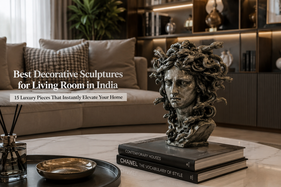 Luxury decorative Medusa sculpture on a marble coffee table in a modern Indian living room showcasing premium home decor ideas.