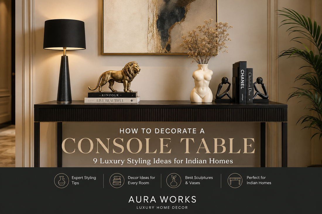 Luxury console table decor in a modern Indian home with a sculptural vase, lion sculpture, books, wall art and elegant styling accents