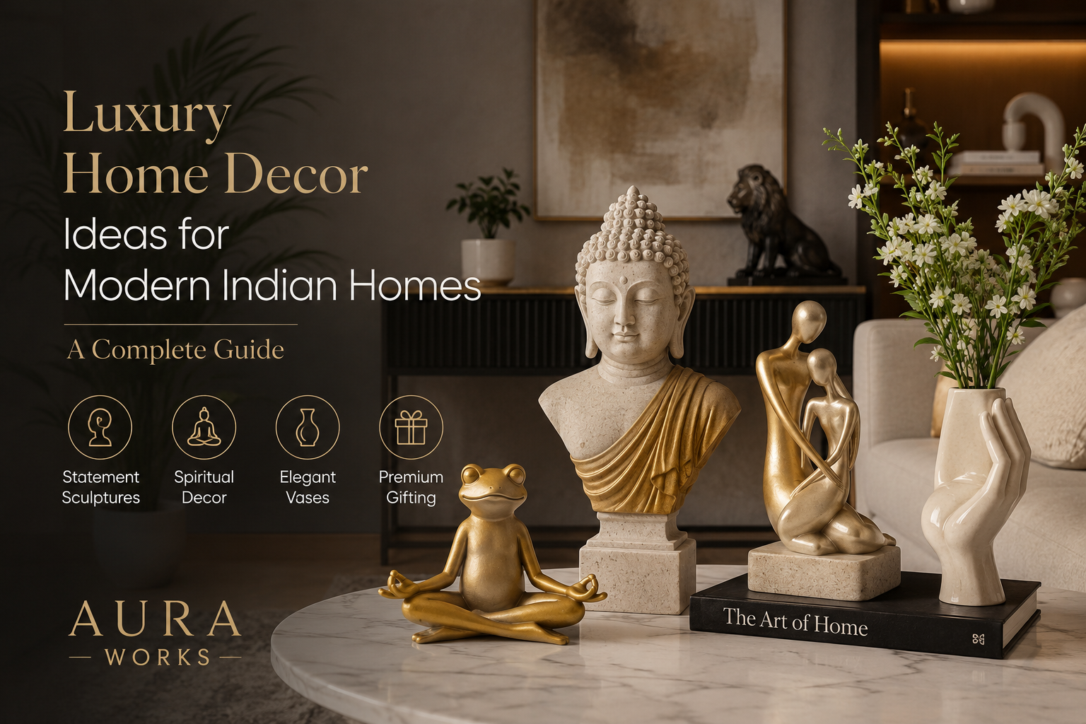Luxury home decor ideas for modern Indian homes featuring handcrafted sculptures, decorative vases, spiritual decor and premium home accessories by Aura Works.