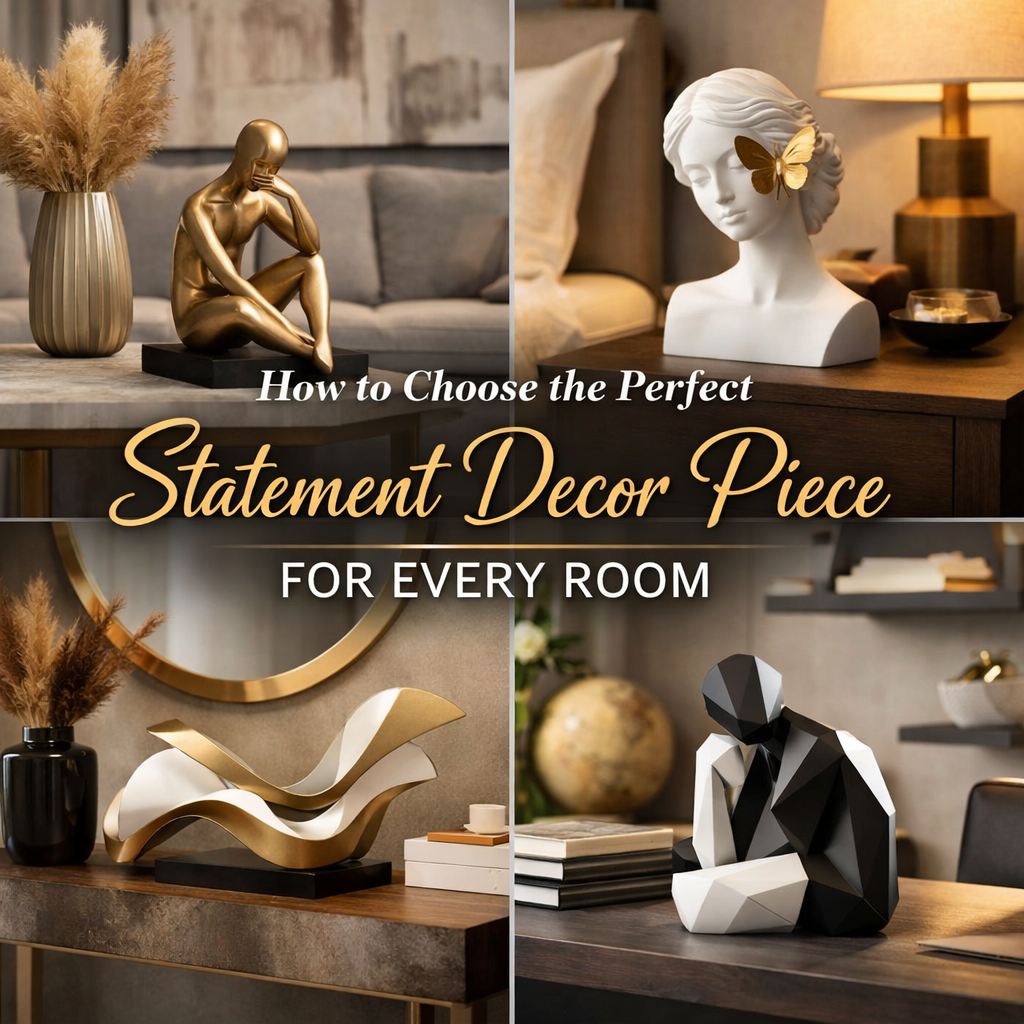Modern statement decor sculptures and artistic pieces styled in living room, bedroom, and office spaces for interior design inspiration