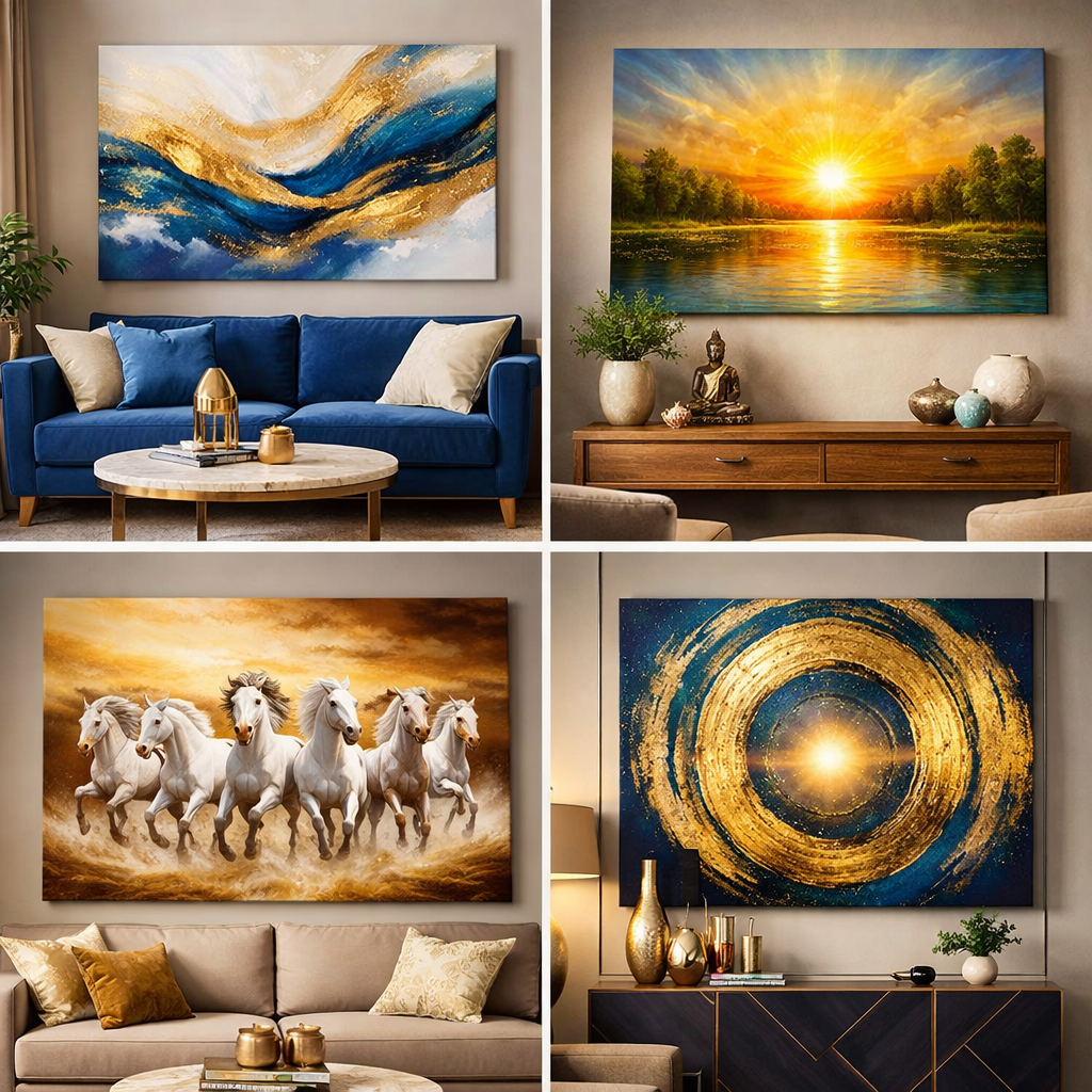 Vastu approved modern wall art with sunrise and gold abstract energy design in a luxury living room interior