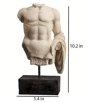Statue of a muscular torso with a shield, on a white background with measurements indicated.