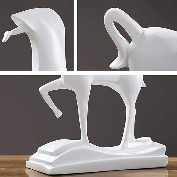 A white ceramic figurine of a horse standing on a matching base, shown in a three-panel collage: close-up of the head and neck in the top left, close-up of the back and tail in the top right, and the full figure in the bottom on a wooden surface against a dark gray background.