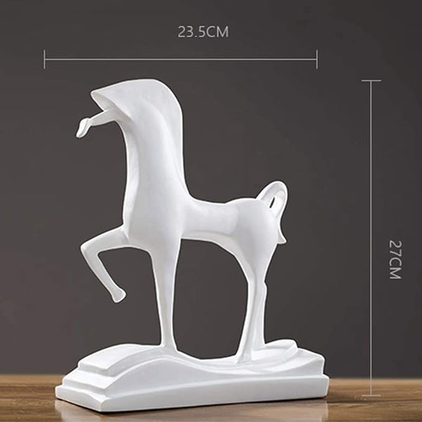 A white ceramic rocking horse figurine standing on a matching base, shown against a dark gray background with dimension lines indicating 23.5 cm width and 27 cm height.