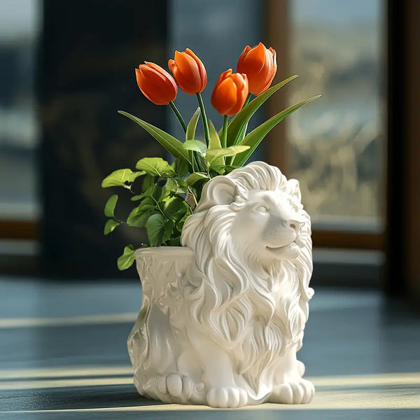 White lion-shaped vase with orange tulips on a wooden surface vase auraworks