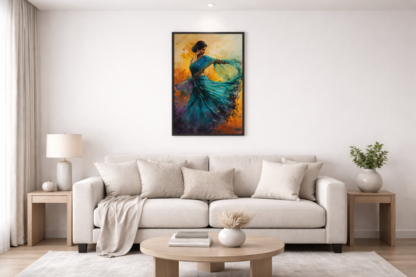 Living room with a beige sofa, coffee table, and decorative items, featuring a colorful painting of a woman on the wall.