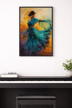 Framed painting of a woman in a blue dress above a black piano