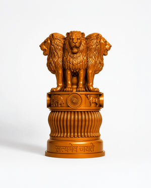 A golden-brown resin replica of the India Gate monument in Delhi, featuring three lions on a decorative pedestal, set against a plain white background.