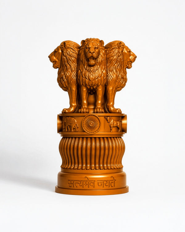 A golden-brown resin replica of the India Gate monument in Delhi, featuring three lions on a decorative pedestal, set against a plain white background.