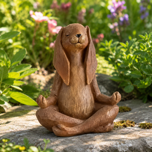 Wooden sculpture of a meditating Bunny in a garden setting