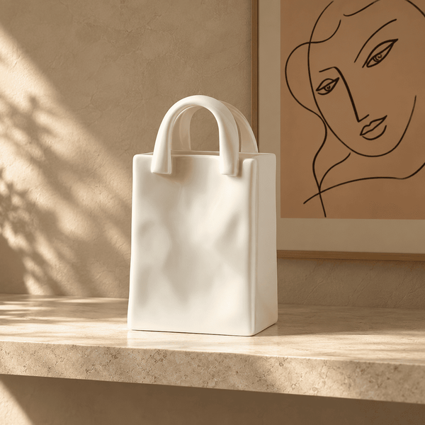 A matte white ceramic tote bag with integrated top handles sits on a light stone ledge in a warm, sunlit interior. A framed minimalist line drawing of a face hangs on the wall behind it.