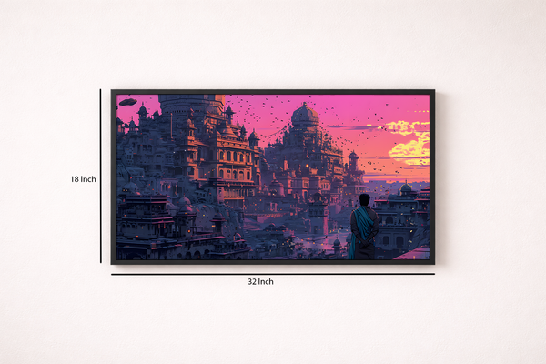 Framed artwork of a cityscape with a person looking at it, displayed on a white wall.