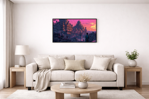 Living room with a couch, coffee table, and wall art depicting a cityscape.