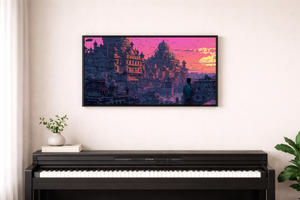 Framed artwork of a cityscape with a person on a wall above a digital piano.