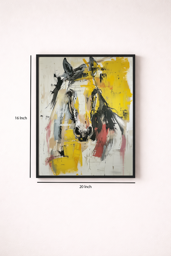 Abstract painting of a horse with yellow and black colors on a white wall.