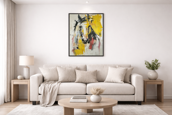Modern living room with a beige sofa, coffee table, and abstract horse painting on the wall.