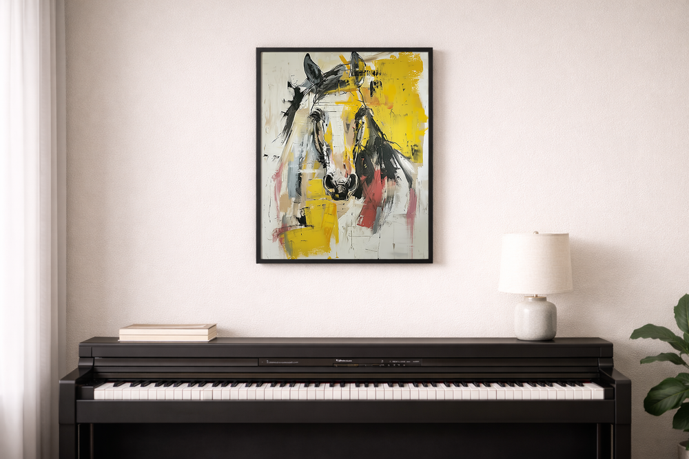 Abstract art print of a horse with yellow and black colors on a white background
