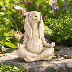 A small beige rabbit garden statue sitting cross-legged in a meditative pose, placed on a stone surface in a garden with green foliage and blurred flowers in the background.