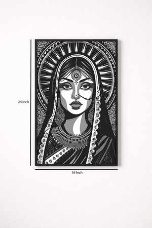 Black and white illustration of a woman's face with decorative elements on a white background