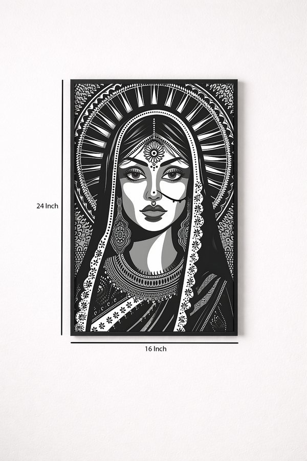 Black and white illustration of a woman's face with decorative elements on a white background
