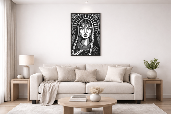 Living room with a beige sofa, coffee table, and wall art featuring a stylized face.