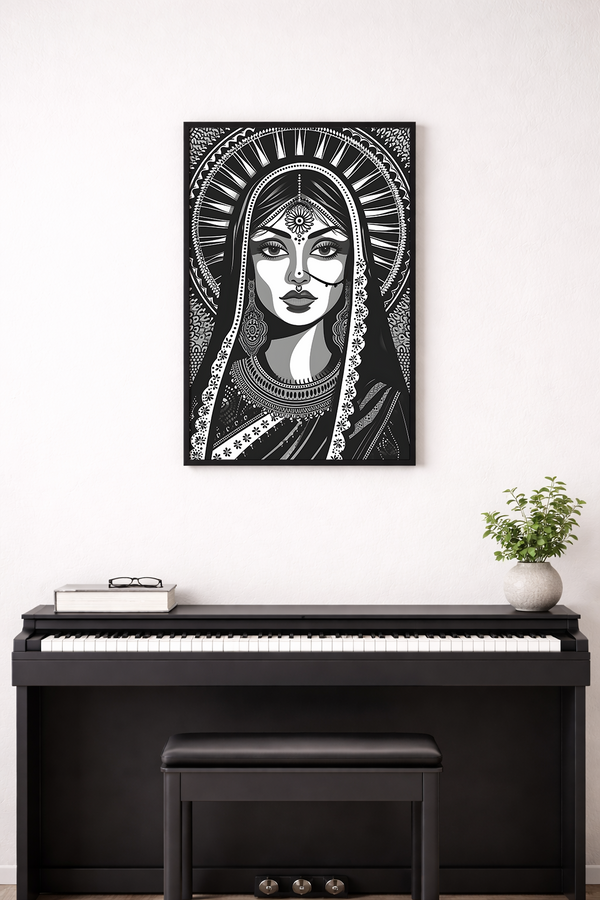 Framed black and white artwork of a stylized face above a black piano.