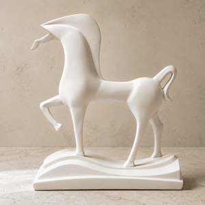 A modern, abstract white ceramic horse sculpture standing on a matching wave-like base, set against a textured beige background.
