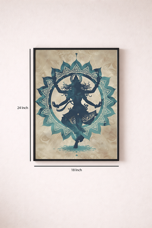Framed artwork of a dancer silhouette with decorative elements on a beige background