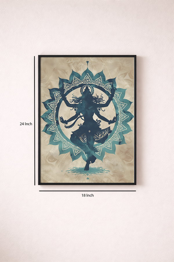 Framed artwork of a dancer silhouette with decorative elements on a beige background