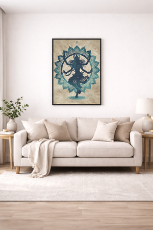 Framed artwork of a dancing figure with a floral design above a beige sofa in a living room.