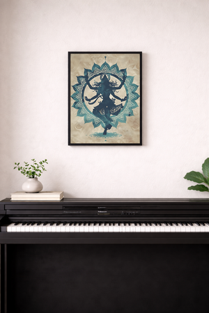 Framed artwork of a dancing figure with a floral design above a piano