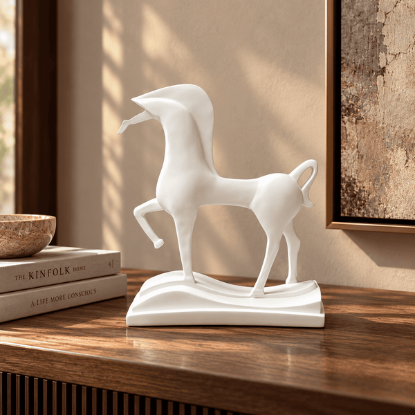 A modern white ceramic rocking horse figurine displayed on a wooden console table in a warm, sunlit room next to a book stack and framed wall art.