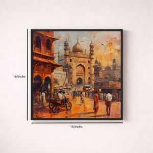 Framed painting of a bustling city street with architectural landmarks, size indicated as 16x16 inches.