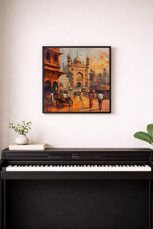 Framed artwork of a city street scene above a digital piano.