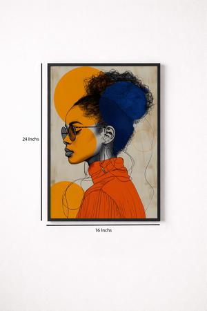 Framed artwork of a stylized portrait with geometric shapes on a white background