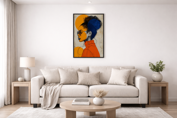 Living room with a beige sofa, coffee table, and wall art featuring a colorful portrait.