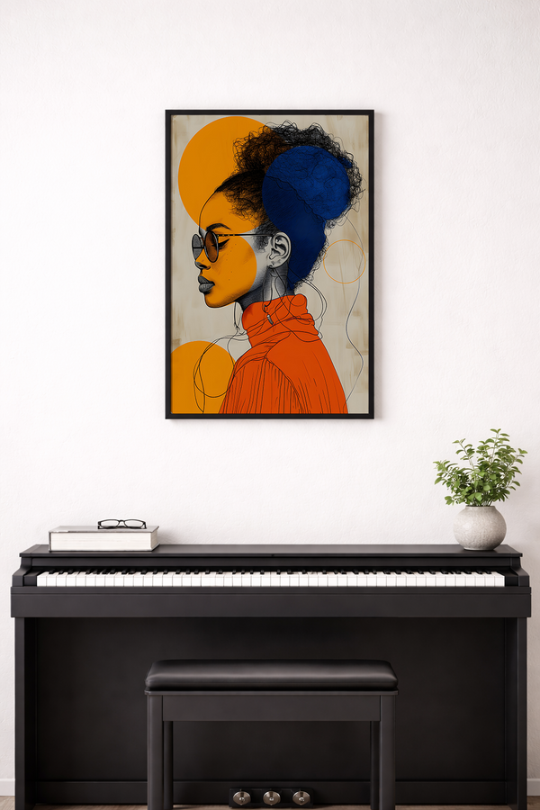 Framed artwork of a stylized portrait on a wall above a black piano.