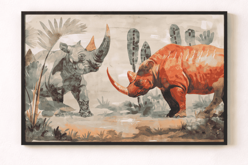 A framed art print depicting two rhinososaurus dinosaurs in a prehistoric landscape, hung on a plain white wall.