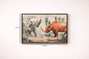 A framed art print depicting two rhinos in a prehistoric landscape, shown on a light wall with dimension markers indicating 16 inch height and 24 inch width.