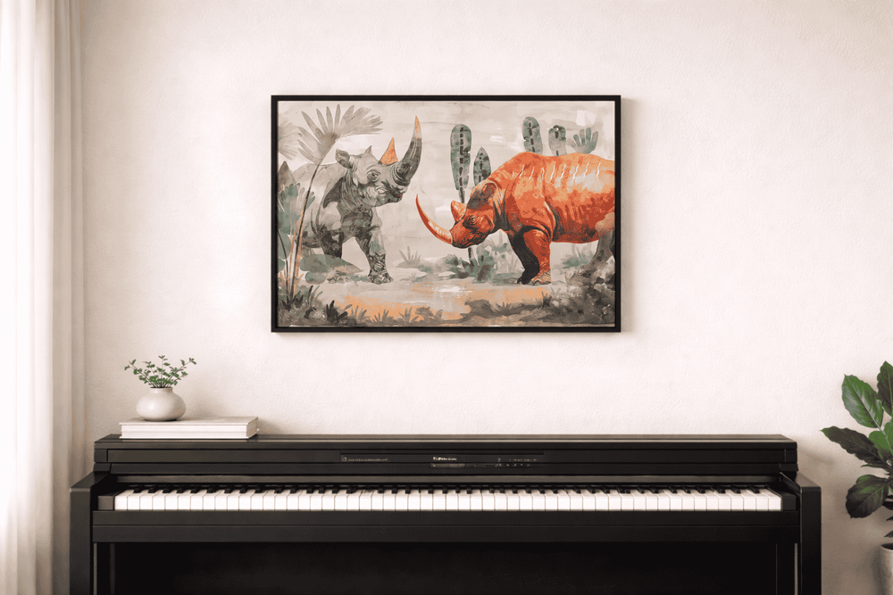 A framed art print depicting two rhinososaurus dinosaurs in a prehistoric landscape, hung on a plain white wall.