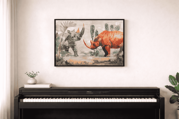 A framed art print depicting a prehistoric scene with a gray rhinoceros and an orange-brown rhino, displayed on a light beige wall above a black digital piano.