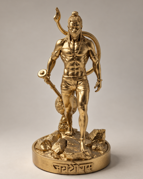 A polished gold-toned metallic statue of a muscular male figure standing on a rocky base with a circular plaque engraved with Devanagari text, photographed against a neutral light gray studio background.