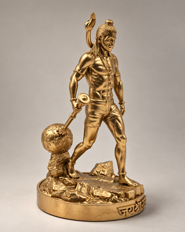 A polished gold-colored metal statue of a muscular male figure standing on a rocky base, holding a mace, photographed against a neutral light gray studio background.