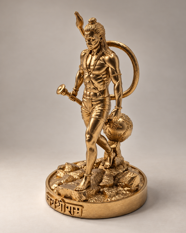 A metallic gold statue of Lord Hanuman standing on a rocky base, holding a mace and a ball of thread, with a circular emblem on the front, photographed against a neutral gray studio background.