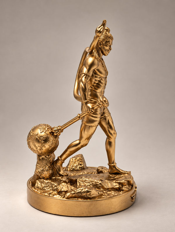 A polished gold-toned metal sculpture of a muscular male figure in a dynamic pose, holding a club and standing over a rocky base with a round pedestal, photographed against a neutral light gray studio background.